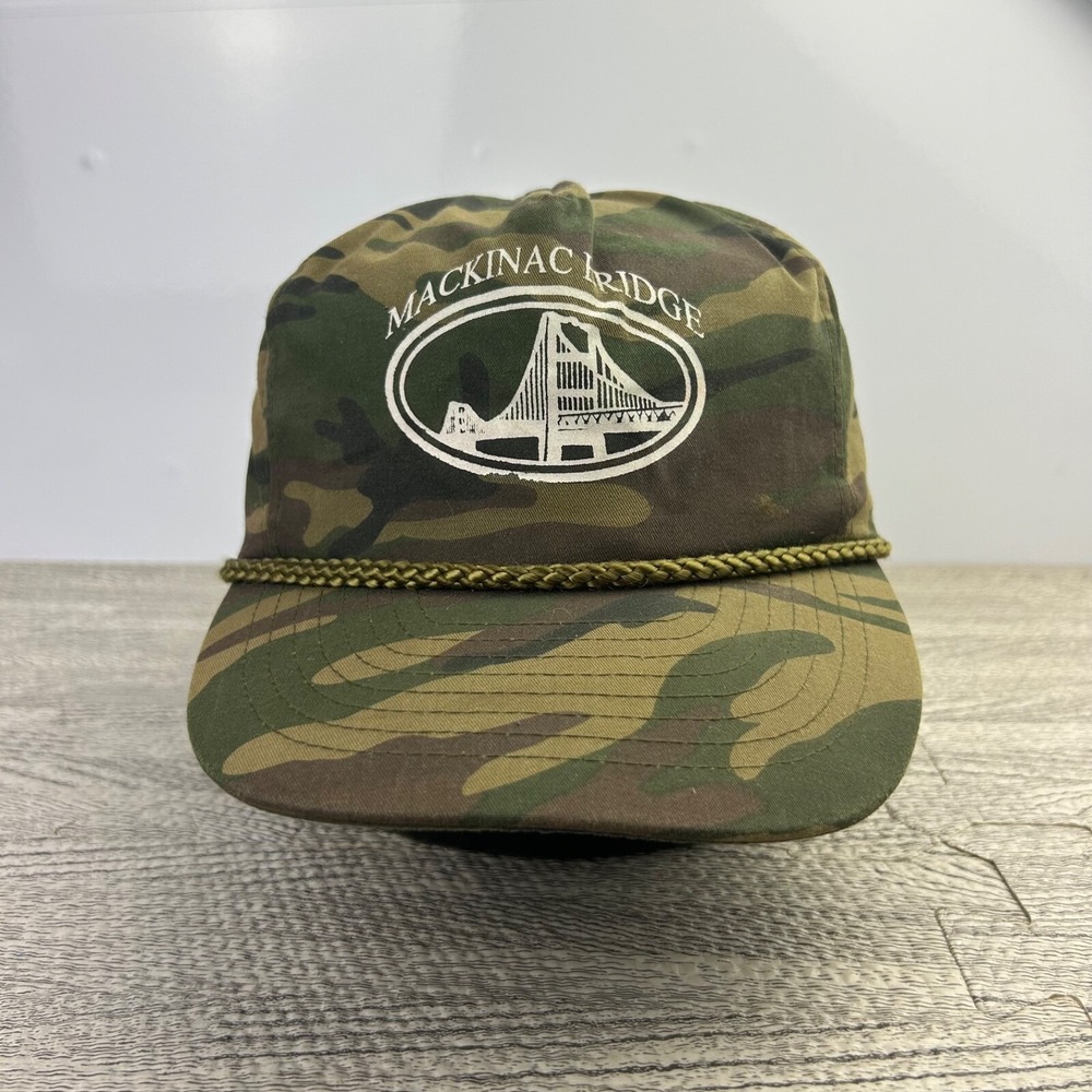 Vintage 90s Mackinac Bridge Camo Hat Cap Snap Back Adjustable Green Woodland